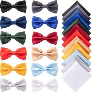 24 Pcs Pre Tied Bow and Tie Pocket Square Set 12 Solid Color Adjustable Bowtie